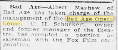 Bad Axe Opera House - 13 JUN 1928 ARTICLE